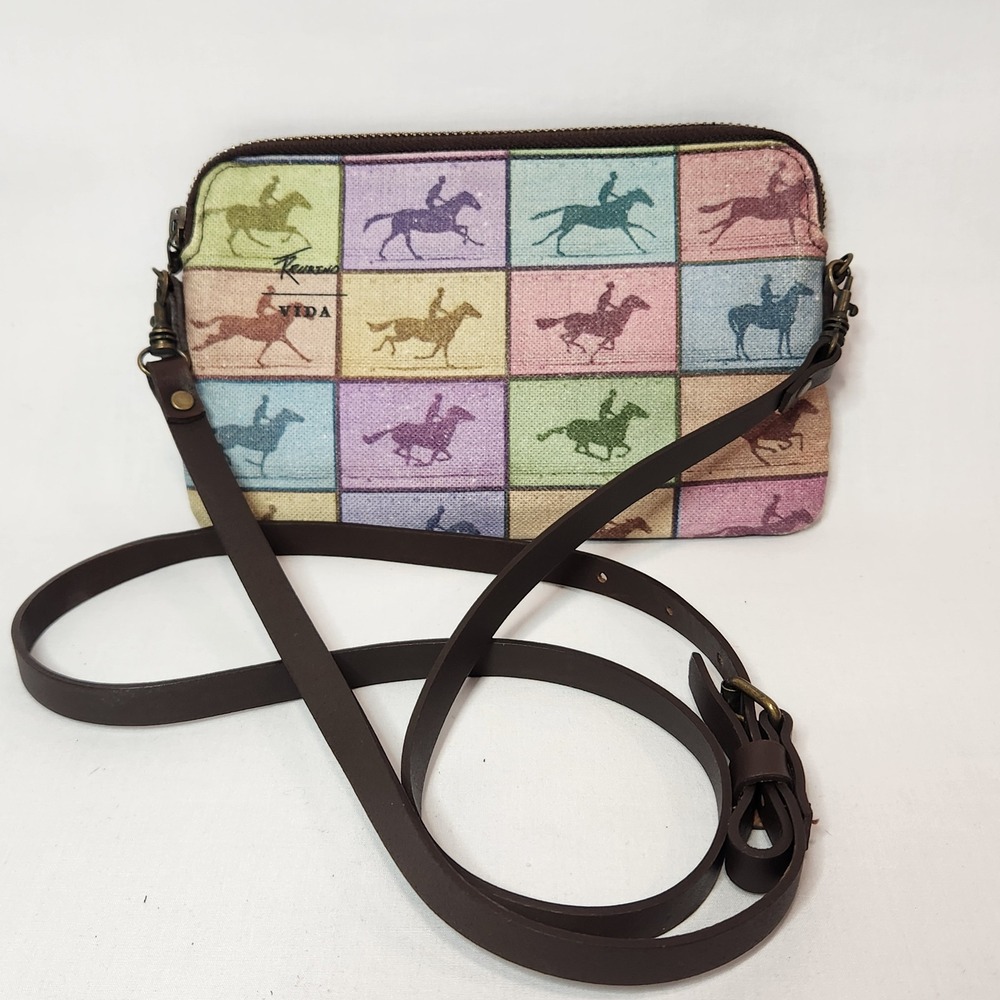VIDA Equestrian Horse Print Cotton Canvas Leather Trim Crossbody Bag Multicolor